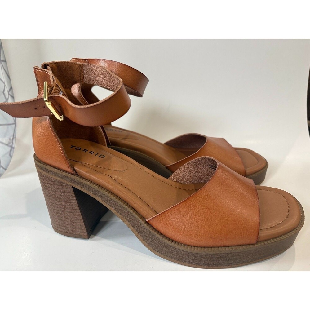 Torrid Womens 11.5 WW Cognac Brown Platform Block Heel Ankle Strap Sandals